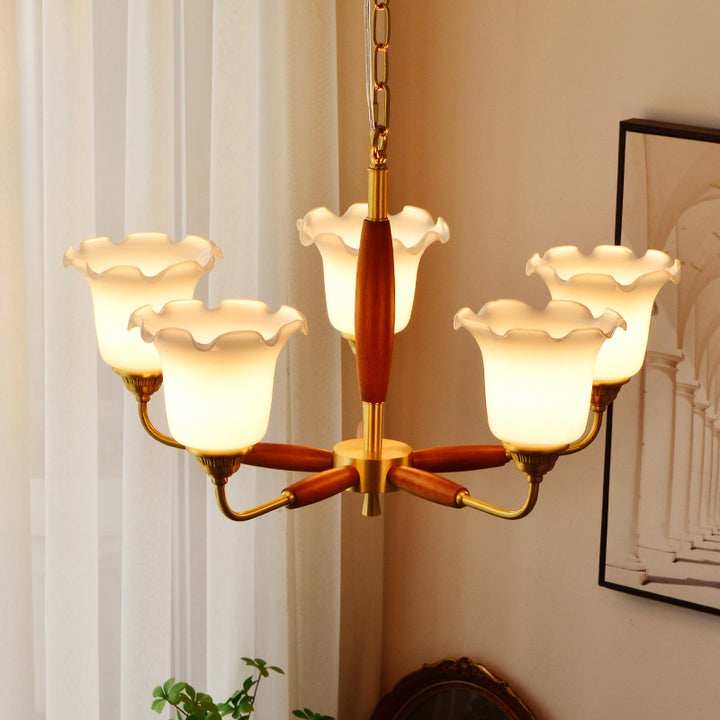 Moderne Art Deco Trompetenblumenform Runde Kupfer Holz Glas 3/5/8 Licht Kronleuchter Für Wohnzimmer 