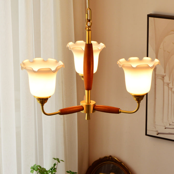 Moderne Art Deco Trompetenblumenform Runde Kupfer Holz Glas 3/5/8 Licht Kronleuchter Für Wohnzimmer 