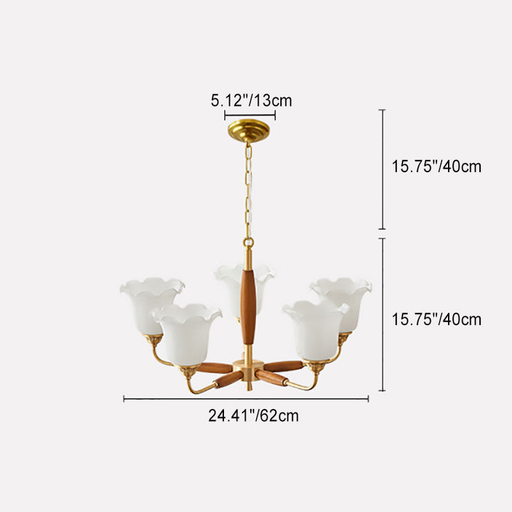 Moderne Art Deco Trompetenblumenform Runde Kupfer Holz Glas 3/5/8 Licht Kronleuchter Für Wohnzimmer 