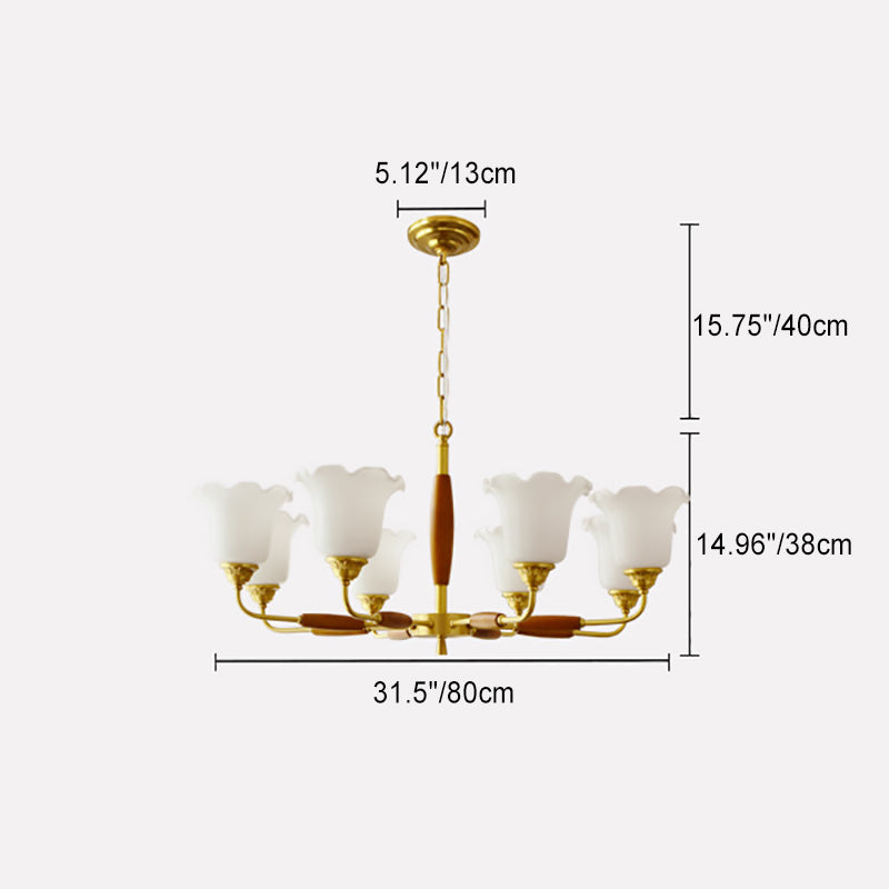 Moderne Art Deco Trompetenblumenform Runde Kupfer Holz Glas 3/5/8 Licht Kronleuchter Für Wohnzimmer 