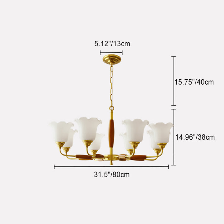 Moderne Art Deco Trompetenblumenform Runde Kupfer Holz Glas 3/5/8 Licht Kronleuchter Für Wohnzimmer 