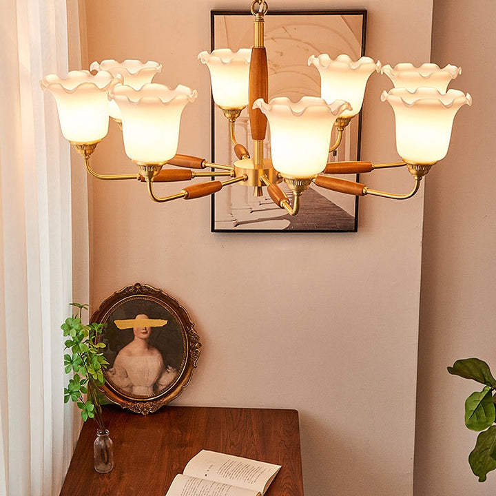 Moderne Art Deco Trompetenblumenform Runde Kupfer Holz Glas 3/5/8 Licht Kronleuchter Für Wohnzimmer 