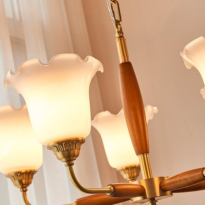 Moderne Art Deco Trompetenblumenform Runde Kupfer Holz Glas 3/5/8 Licht Kronleuchter Für Wohnzimmer 