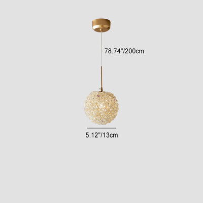 Lustre suspendu moderne de luxe en fer avec orbe rond d'hortensia et cristal à 1 lumière pour chambre 