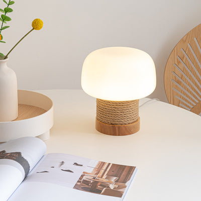 Zeitgenössische kreative Creme Pilz runde Zylinder Holz Hanfseil Glas 1-Licht Tischlampe für Schlafzimmer 