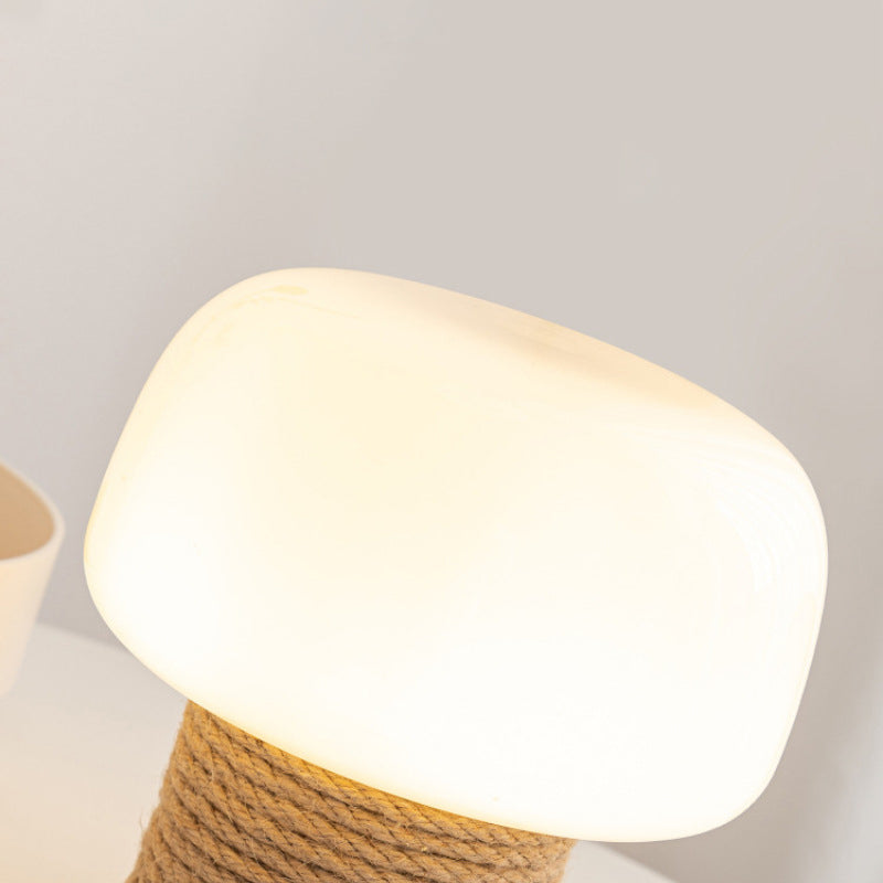 Zeitgenössische kreative Creme Pilz runde Zylinder Holz Hanfseil Glas 1-Licht Tischlampe für Schlafzimmer 