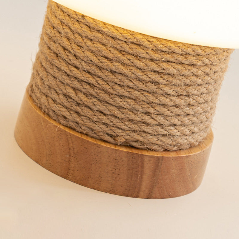 Zeitgenössische kreative Creme Pilz runde Zylinder Holz Hanfseil Glas 1-Licht Tischlampe für Schlafzimmer 