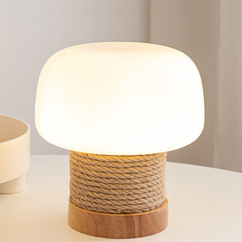 Zeitgenössische kreative Creme Pilz runde Zylinder Holz Hanfseil Glas 1-Licht Tischlampe für Schlafzimmer 