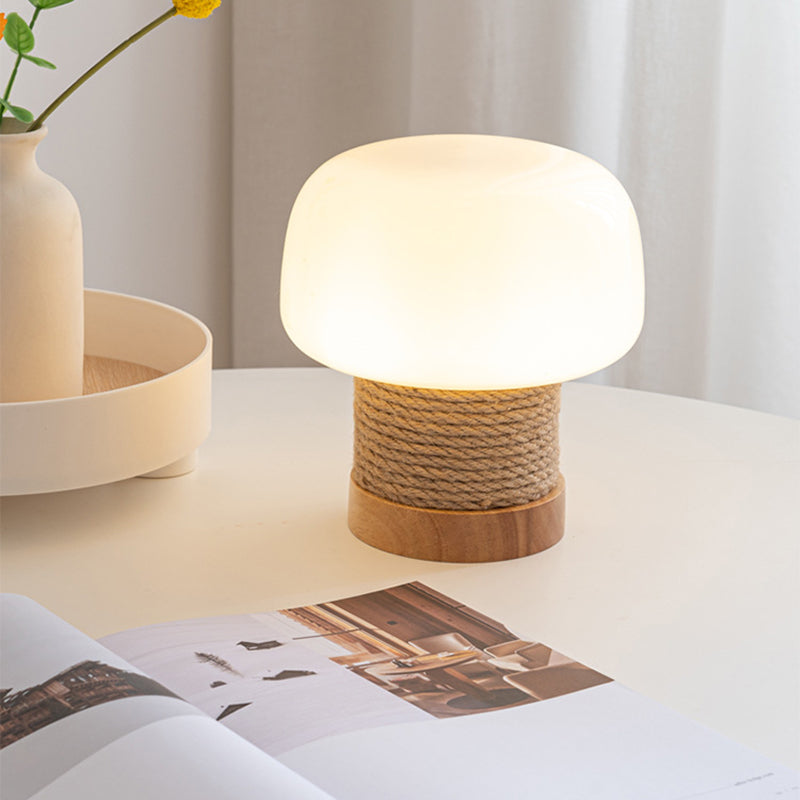 Zeitgenössische kreative Creme Pilz runde Zylinder Holz Hanfseil Glas 1-Licht Tischlampe für Schlafzimmer 