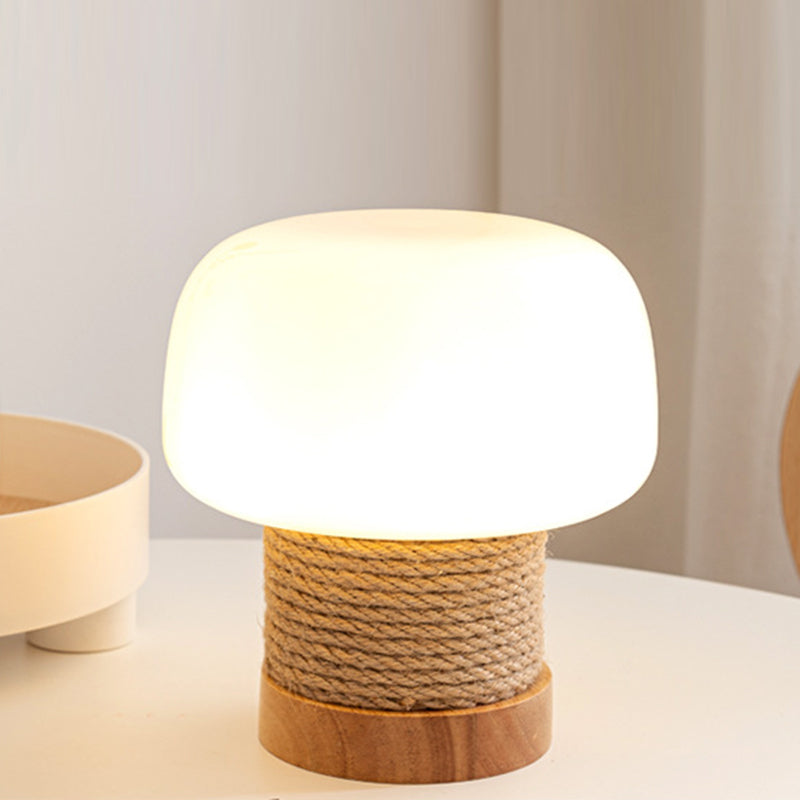 Zeitgenössische kreative Creme Pilz runde Zylinder Holz Hanfseil Glas 1-Licht Tischlampe für Schlafzimmer 