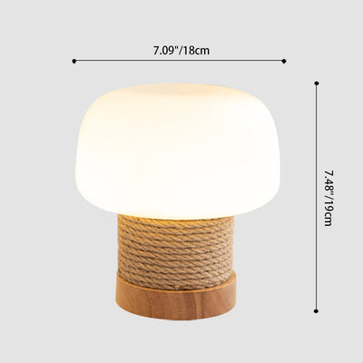 Zeitgenössische kreative Creme Pilz runde Zylinder Holz Hanfseil Glas 1-Licht Tischlampe für Schlafzimmer 