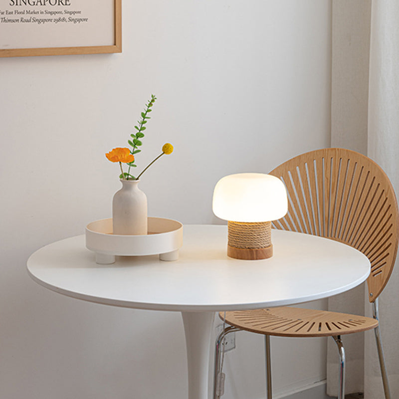 Zeitgenössische kreative Creme Pilz runde Zylinder Holz Hanfseil Glas 1-Licht Tischlampe für Schlafzimmer 