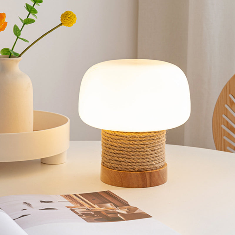 Zeitgenössische kreative Creme Pilz runde Zylinder Holz Hanfseil Glas 1-Licht Tischlampe für Schlafzimmer 
