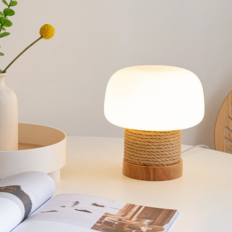 Zeitgenössische kreative Creme Pilz runde Zylinder Holz Hanfseil Glas 1-Licht Tischlampe für Schlafzimmer 