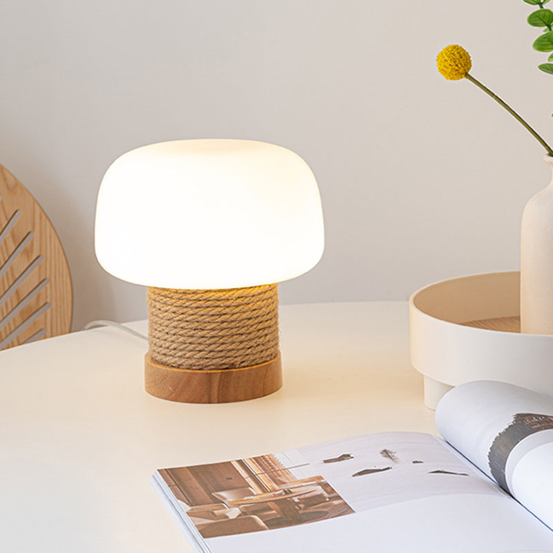Zeitgenössische kreative Creme Pilz runde Zylinder Holz Hanfseil Glas 1-Licht Tischlampe für Schlafzimmer 