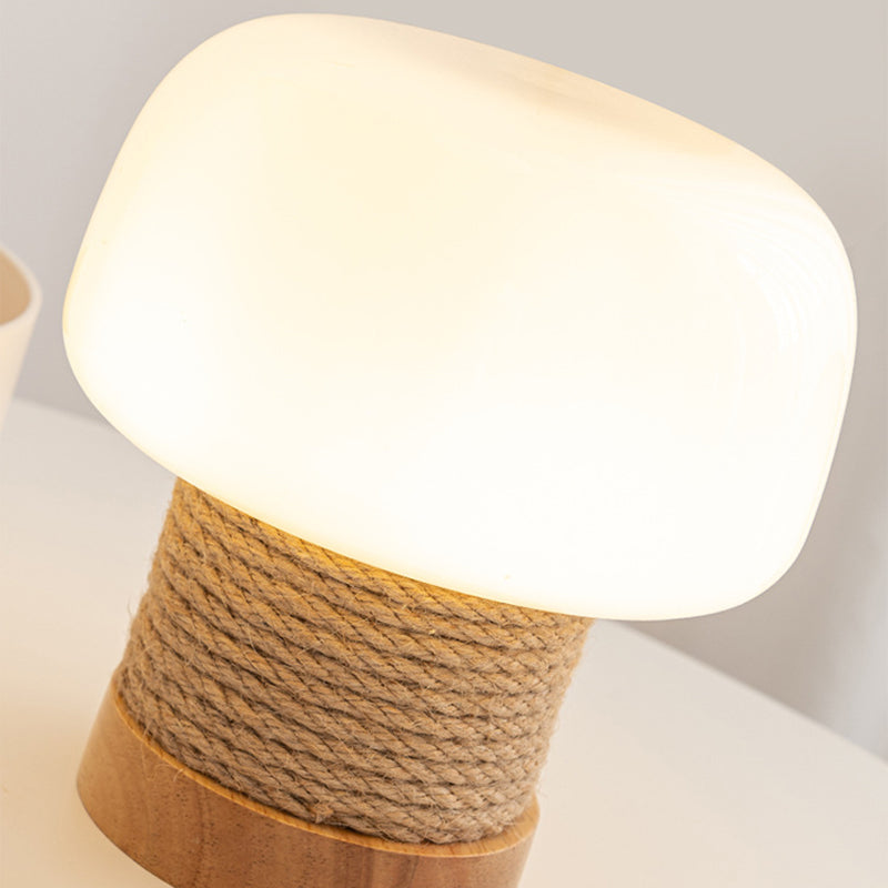 Zeitgenössische kreative Creme Pilz runde Zylinder Holz Hanfseil Glas 1-Licht Tischlampe für Schlafzimmer 
