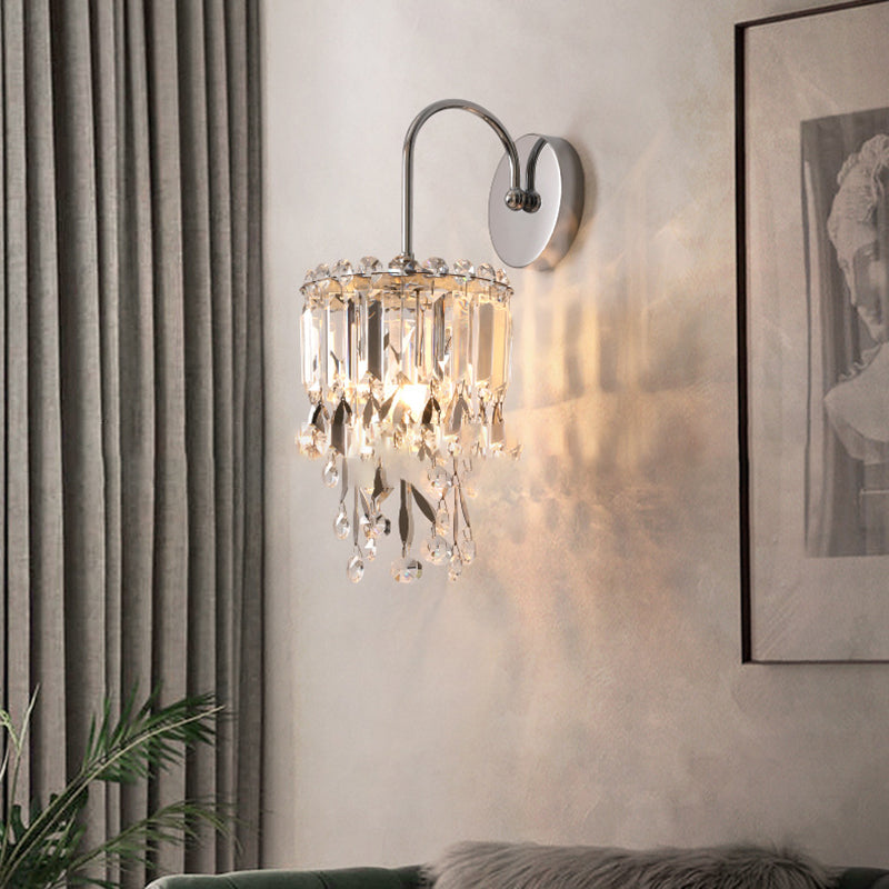 Applique Murale Moderne de Luxe en Acier Inoxydable à Cylindre Rond avec Cristal et 1 Lumière pour Chambre 