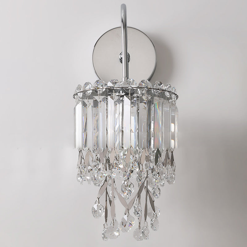 Applique Murale Moderne de Luxe en Acier Inoxydable à Cylindre Rond avec Cristal et 1 Lumière pour Chambre 