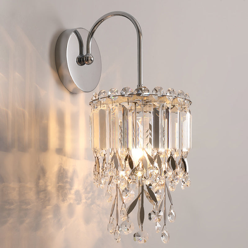 Applique Murale Moderne de Luxe en Acier Inoxydable à Cylindre Rond avec Cristal et 1 Lumière pour Chambre 