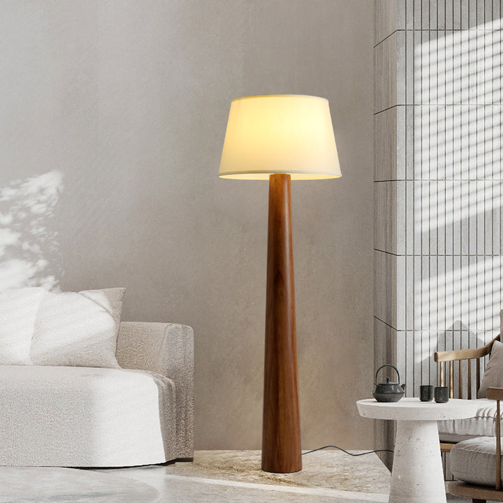 Traditional Vintage Round Cylinder Wood Fabric 1-Light Standing Floor Lamp For Living Room