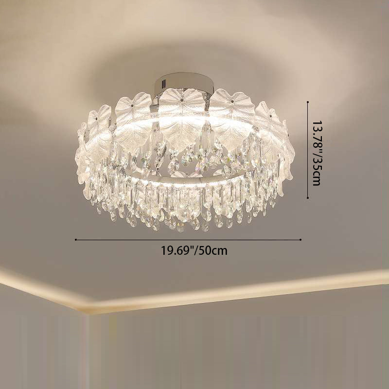 Modern Luxury Round Hardware Glass Crystal LED Semi-Flush Mount Ceiling Light For Bedroom