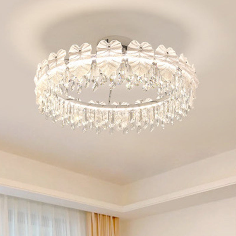Modern Luxury Round Hardware Glass Crystal LED Semi-Flush Mount Ceiling Light For Bedroom