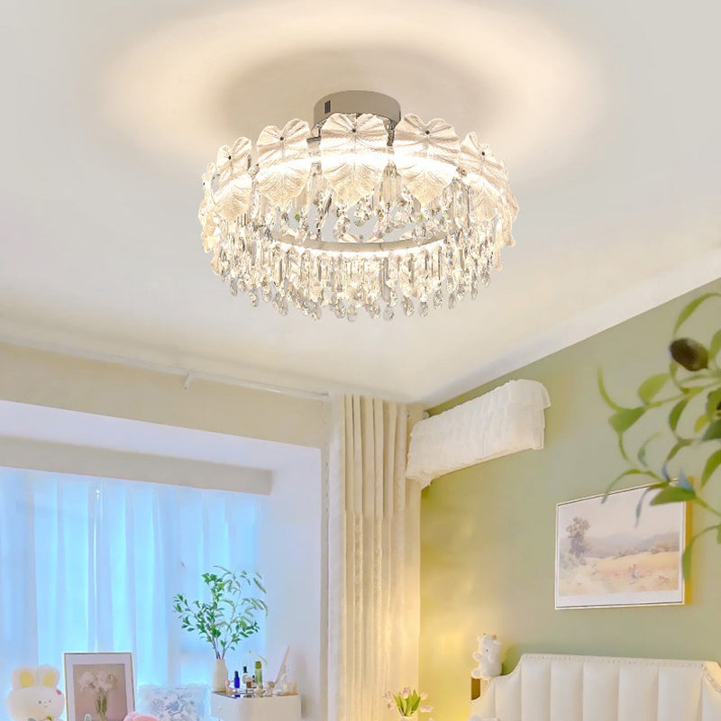 Modern Luxury Round Hardware Glass Crystal LED Semi-Flush Mount Ceiling Light For Bedroom