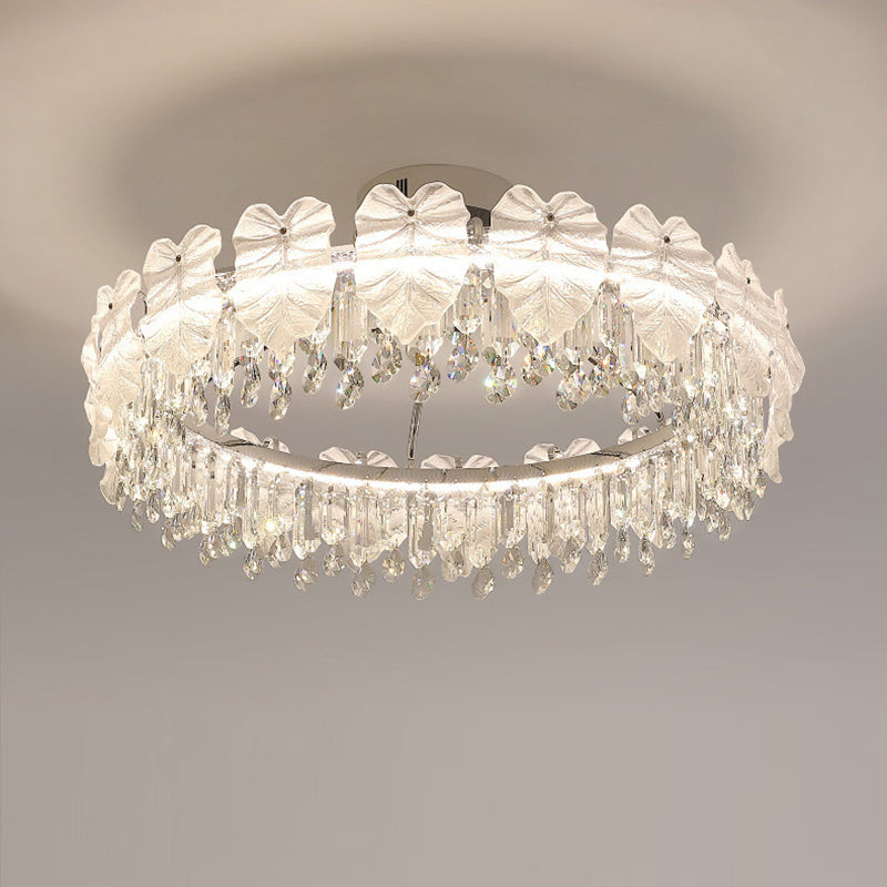 Modern Luxury Round Hardware Glass Crystal LED Semi-Flush Mount Ceiling Light For Bedroom