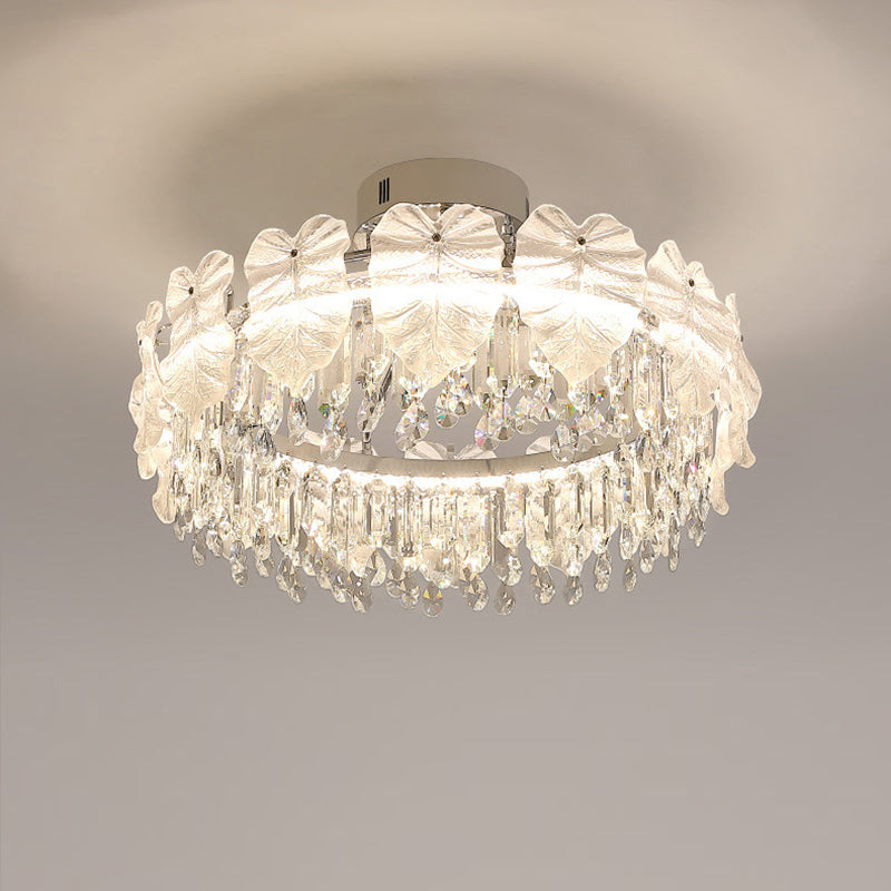 Modern Luxury Round Hardware Glass Crystal LED Semi-Flush Mount Ceiling Light For Bedroom