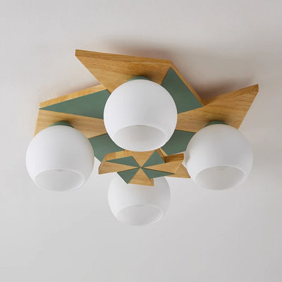 Contemporáneo Molino de Viento Escandinavo Redondo de Hierro Roble Acrílico 4-Luz Semi-empotrado Montaje de Techo para Dormitorio 