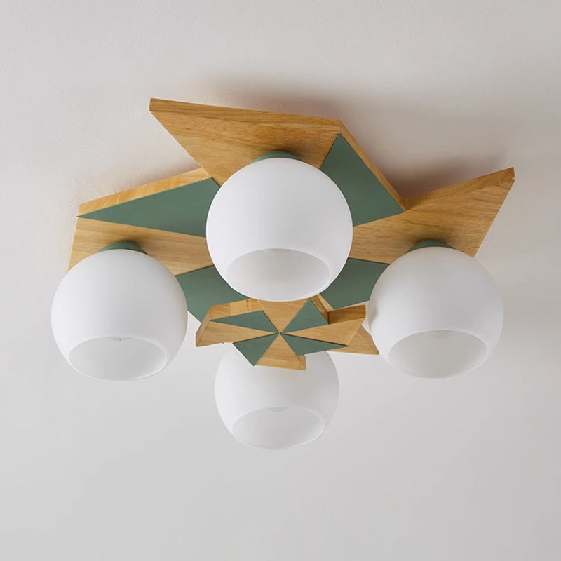 Contemporáneo Molino de Viento Escandinavo Redondo de Hierro Roble Acrílico 4-Luz Semi-empotrado Montaje de Techo para Dormitorio 