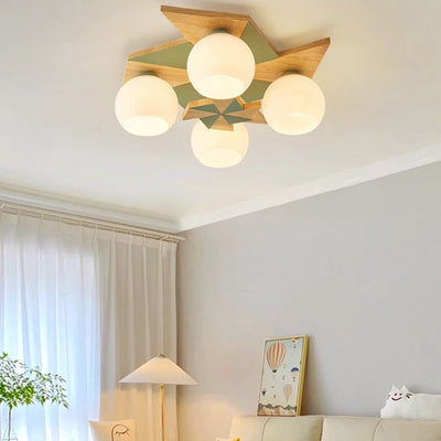 Contemporáneo Molino de Viento Escandinavo Redondo de Hierro Roble Acrílico 4-Luz Semi-empotrado Montaje de Techo para Dormitorio 