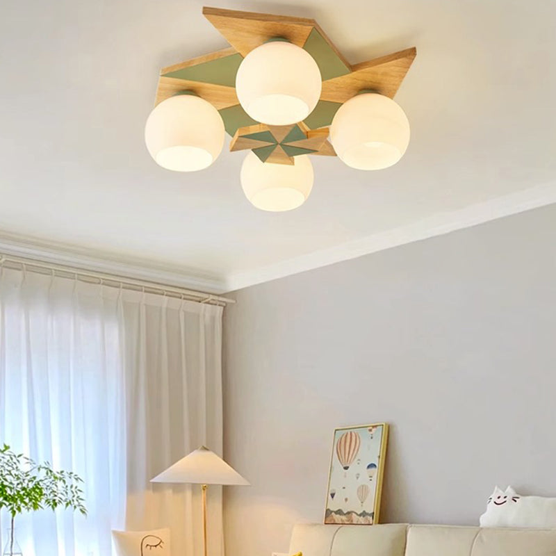 Contemporáneo Molino de Viento Escandinavo Redondo de Hierro Roble Acrílico 4-Luz Semi-empotrado Montaje de Techo para Dormitorio 