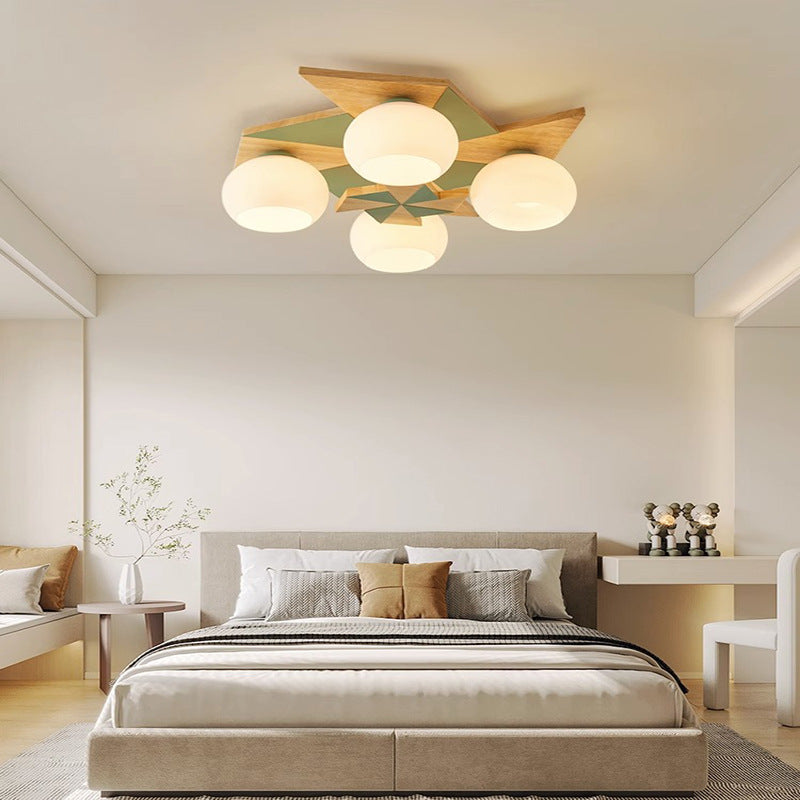Contemporáneo Molino de Viento Escandinavo Redondo de Hierro Roble Acrílico 4-Luz Semi-empotrado Montaje de Techo para Dormitorio 