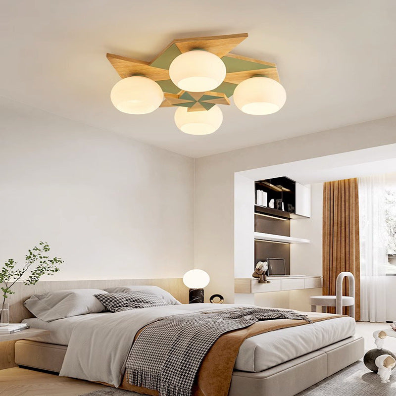Contemporáneo Molino de Viento Escandinavo Redondo de Hierro Roble Acrílico 4-Luz Semi-empotrado Montaje de Techo para Dormitorio 
