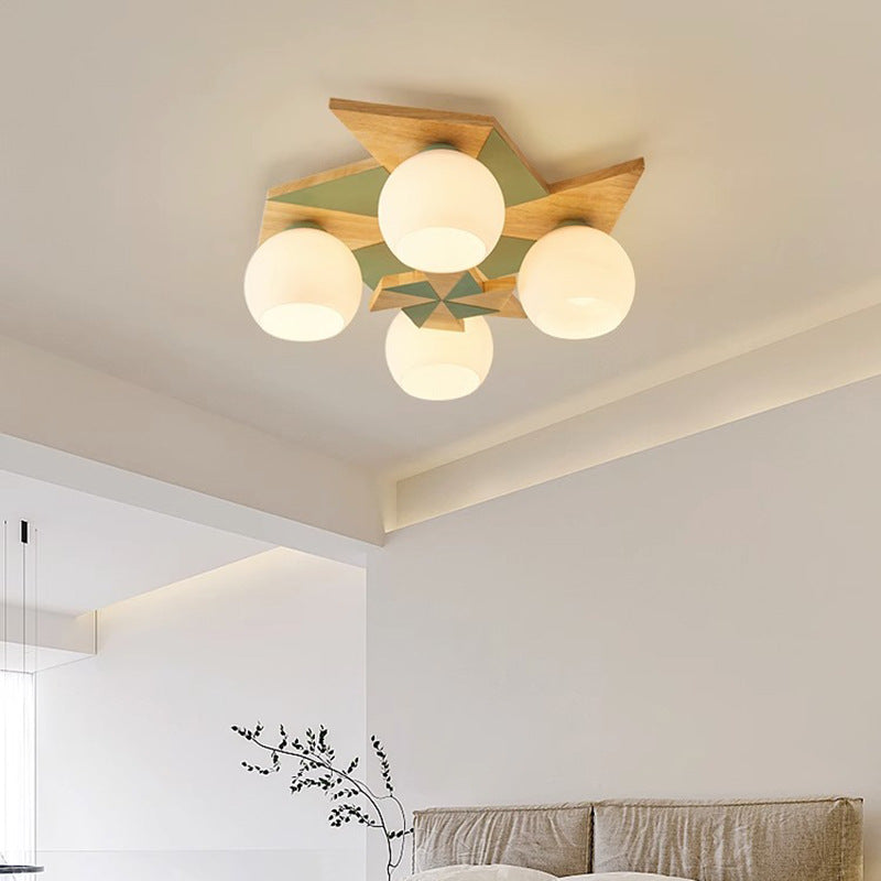 Contemporáneo Molino de Viento Escandinavo Redondo de Hierro Roble Acrílico 4-Luz Semi-empotrado Montaje de Techo para Dormitorio 