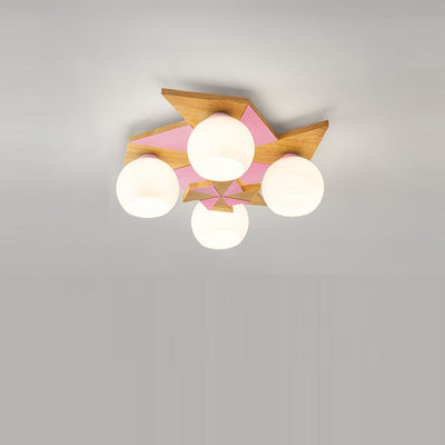 Contemporáneo Molino de Viento Escandinavo Redondo de Hierro Roble Acrílico 4-Luz Semi-empotrado Montaje de Techo para Dormitorio 