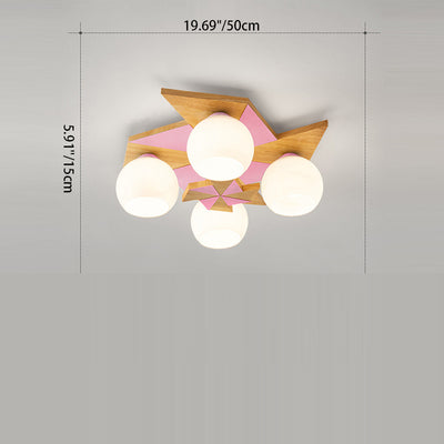 Contemporáneo Molino de Viento Escandinavo Redondo de Hierro Roble Acrílico 4-Luz Semi-empotrado Montaje de Techo para Dormitorio 