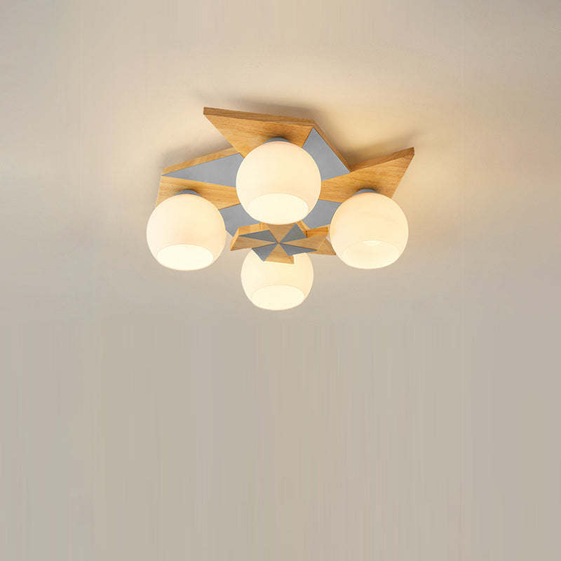 Contemporáneo Molino de Viento Escandinavo Redondo de Hierro Roble Acrílico 4-Luz Semi-empotrado Montaje de Techo para Dormitorio 