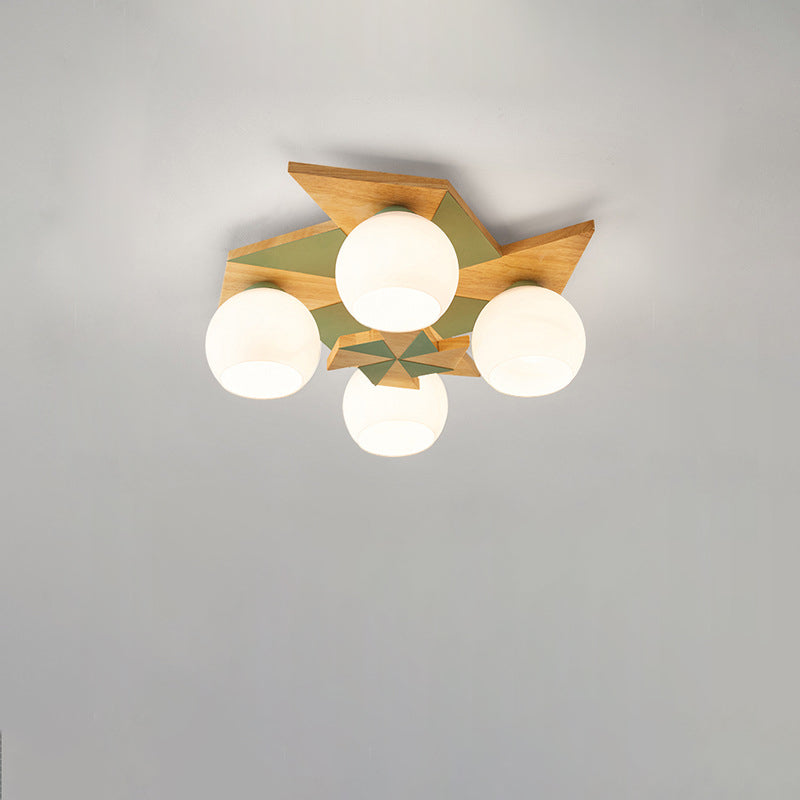 Contemporáneo Molino de Viento Escandinavo Redondo de Hierro Roble Acrílico 4-Luz Semi-empotrado Montaje de Techo para Dormitorio 