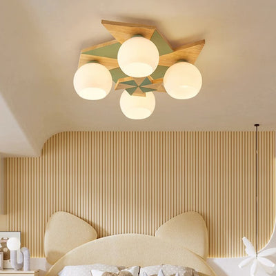 Contemporáneo Molino de Viento Escandinavo Redondo de Hierro Roble Acrílico 4-Luz Semi-empotrado Montaje de Techo para Dormitorio 