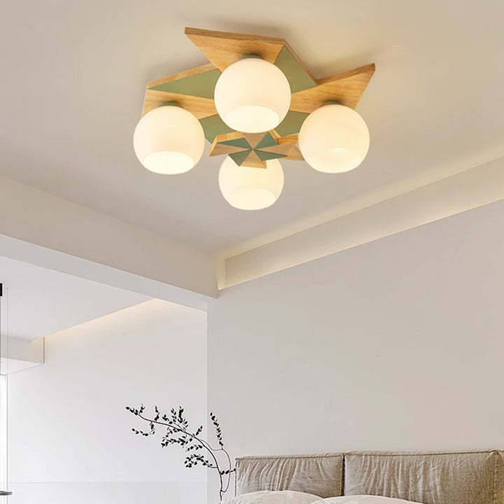 Lustre semi-encastré à 4 lumières en acrylique, chêne, fer rond, éolienne scandinave contemporaine pour chambre 