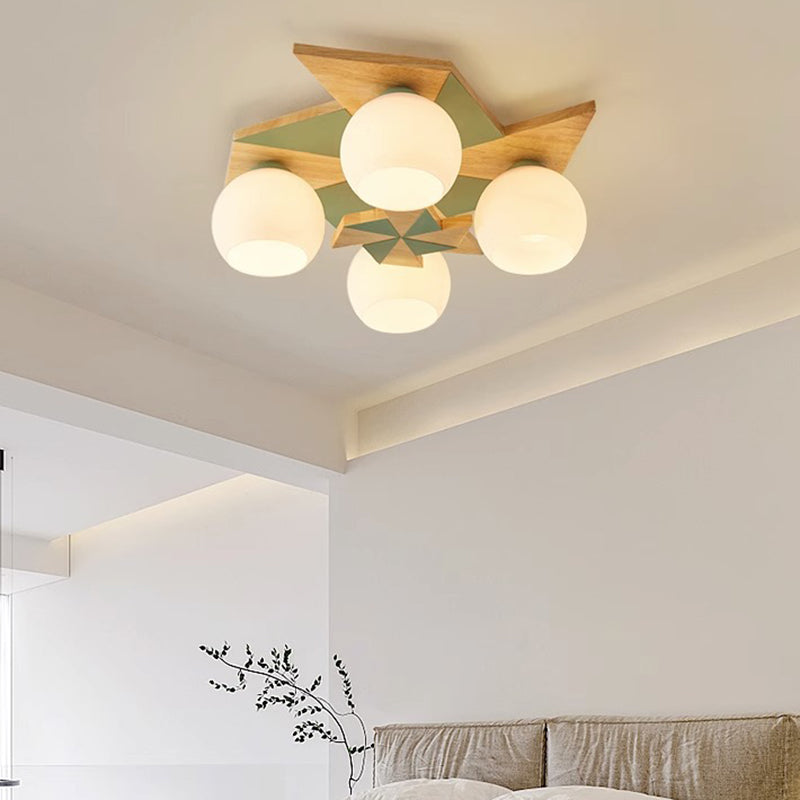 Contemporáneo Molino de Viento Escandinavo Redondo de Hierro Roble Acrílico 4-Luz Semi-empotrado Montaje de Techo para Dormitorio 