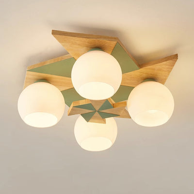 Contemporáneo Molino de Viento Escandinavo Redondo de Hierro Roble Acrílico 4-Luz Semi-empotrado Montaje de Techo para Dormitorio 