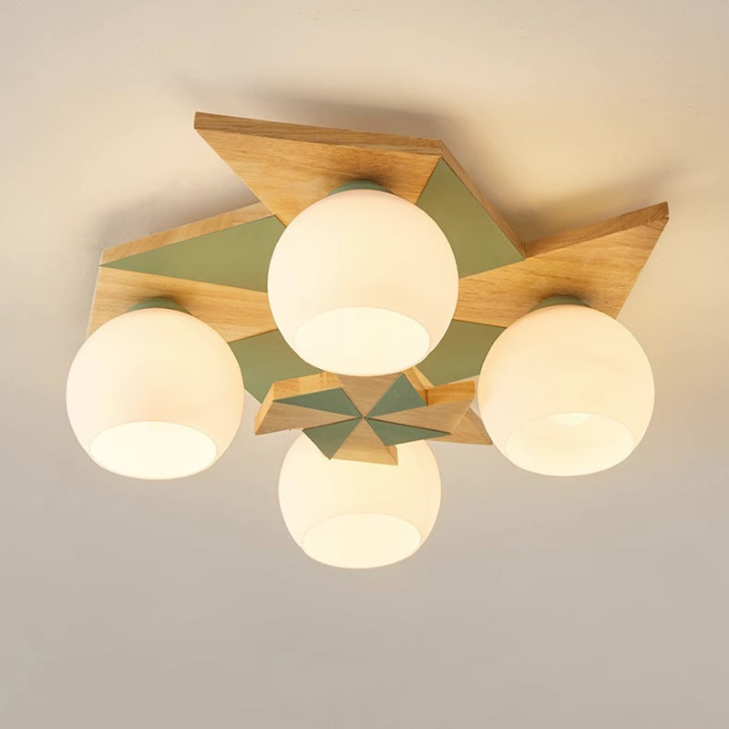 Contemporáneo Molino de Viento Escandinavo Redondo de Hierro Roble Acrílico 4-Luz Semi-empotrado Montaje de Techo para Dormitorio 