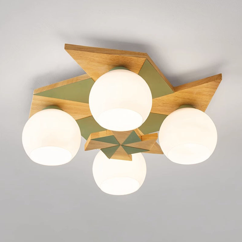 Contemporáneo Molino de Viento Escandinavo Redondo de Hierro Roble Acrílico 4-Luz Semi-empotrado Montaje de Techo para Dormitorio 