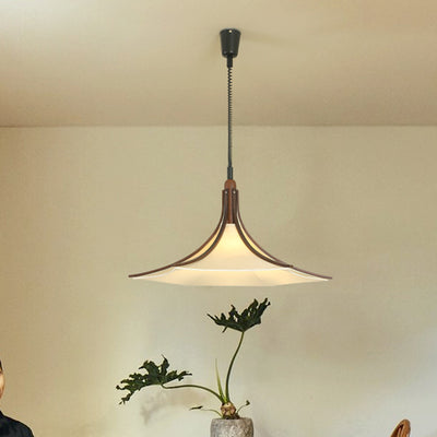 Moderne Mid-Century Hornform Runde Kegel Holz Stoff 1-Licht Pendelleuchte für Esszimmer 