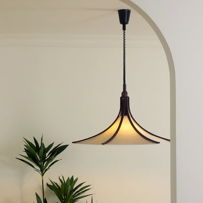Moderne Mid-Century Hornform Runde Kegel Holz Stoff 1-Licht Pendelleuchte für Esszimmer 