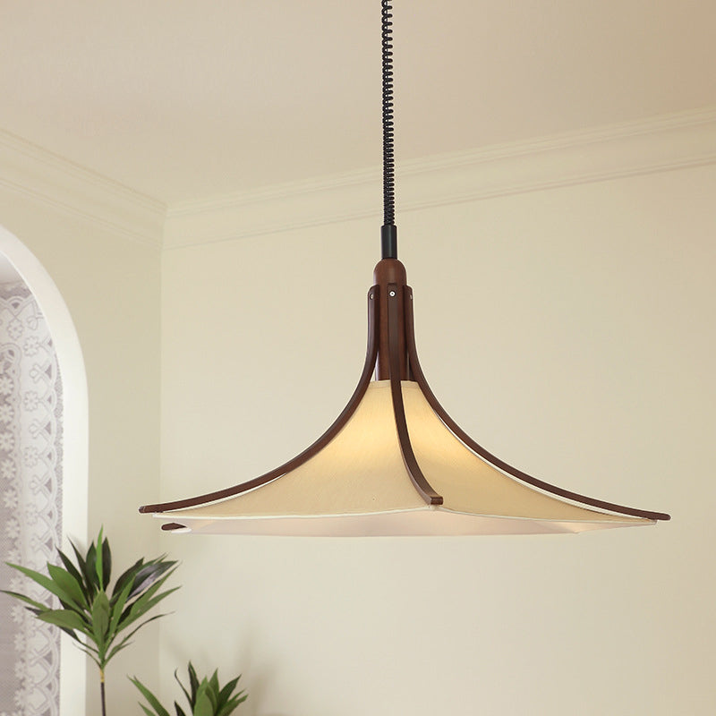 Moderne Mid-Century Hornform Runde Kegel Holz Stoff 1-Licht Pendelleuchte für Esszimmer 