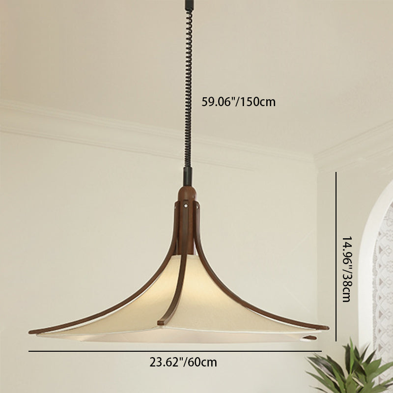 Moderne Mid-Century Hornform Runde Kegel Holz Stoff 1-Licht Pendelleuchte für Esszimmer 